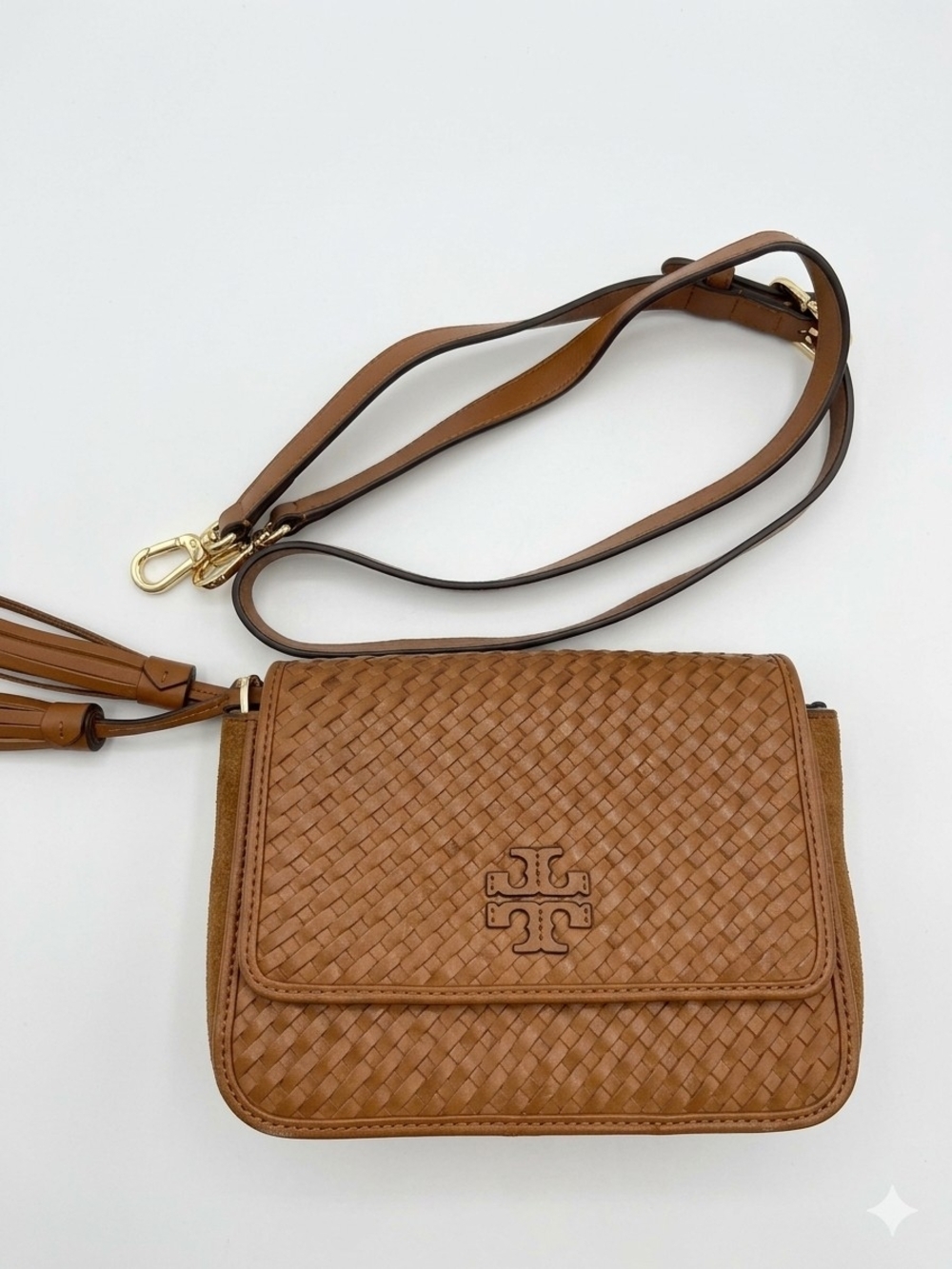 Tory Burch Woven Leather Crossbody in Cognac Brown with Gold Hardware